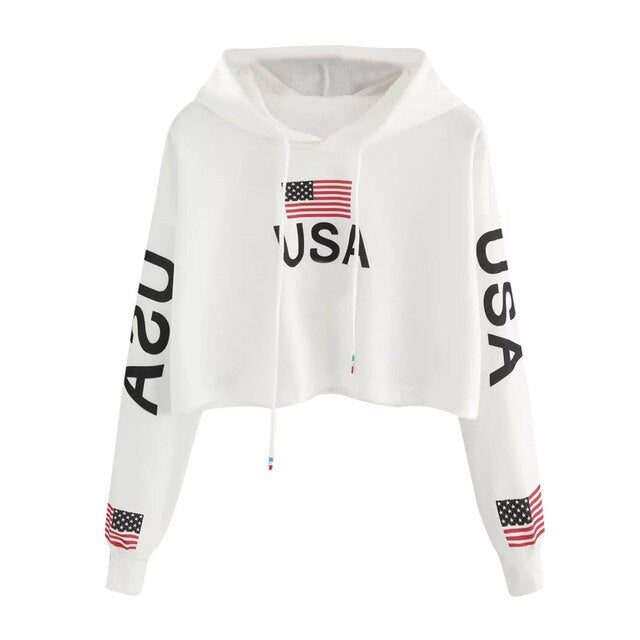 Women harajuku hoodies Autumn Casual Drop Shoulder American Flag Print Hoodie Sweatshirt Crop Top sweatshirt sudadera mujer