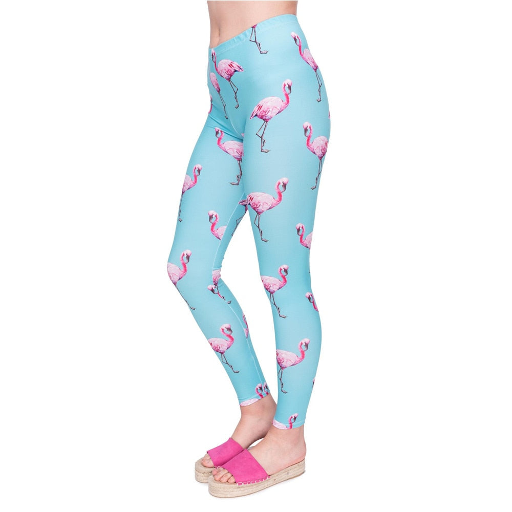 New Fashion Women Legging Cyan Flamingo Printing Leggings High Quality High Waist Woman Pants