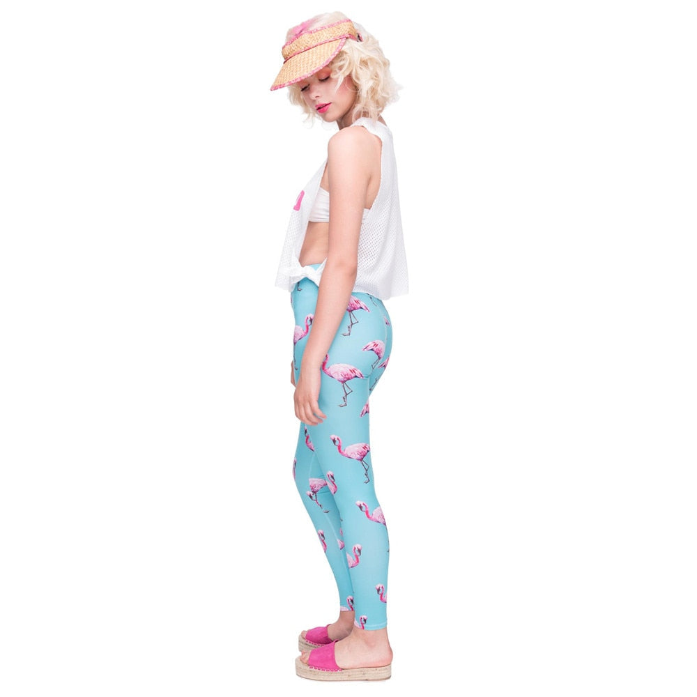 New Fashion Women Legging Cyan Flamingo Printing Leggings High Quality High Waist Woman Pants