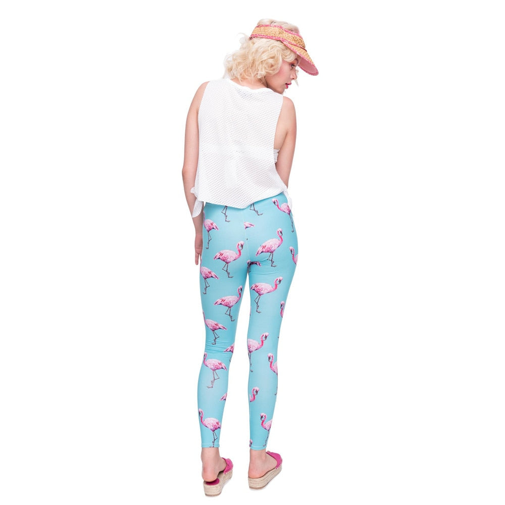 New Fashion Women Legging Cyan Flamingo Printing Leggings High Quality High Waist Woman Pants